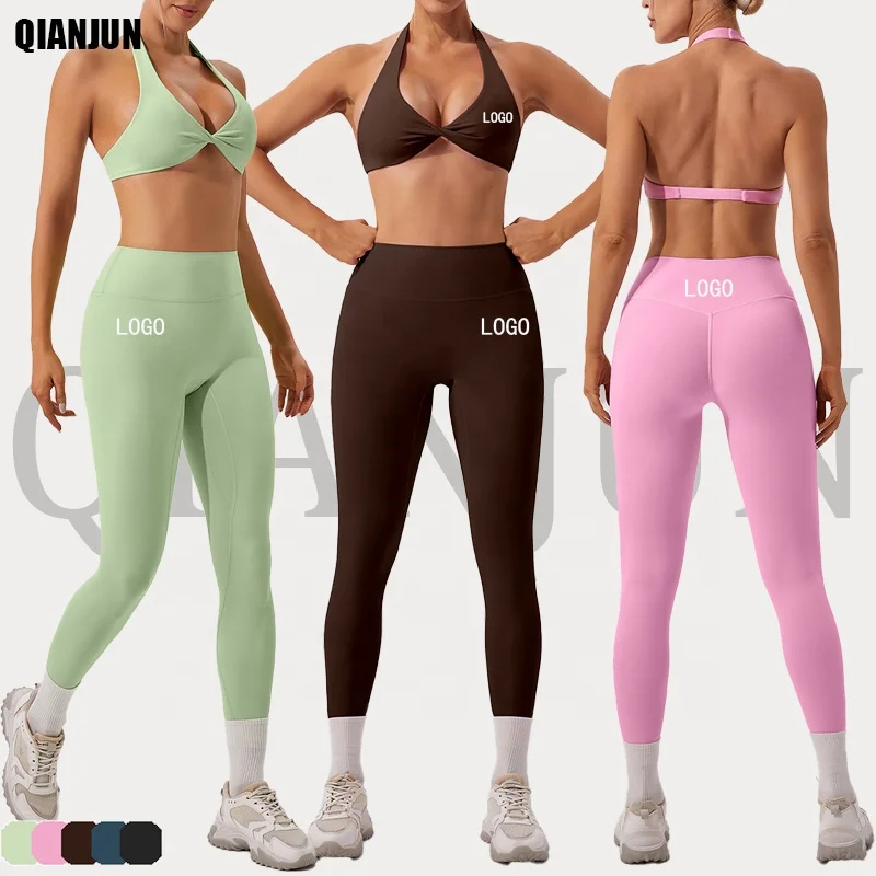 2 Piece Sportswear Women Twist Front Yoga Crop Top Sports Bra And Compression Shorts Set Women Workout Gym Fitness Yoga Sets