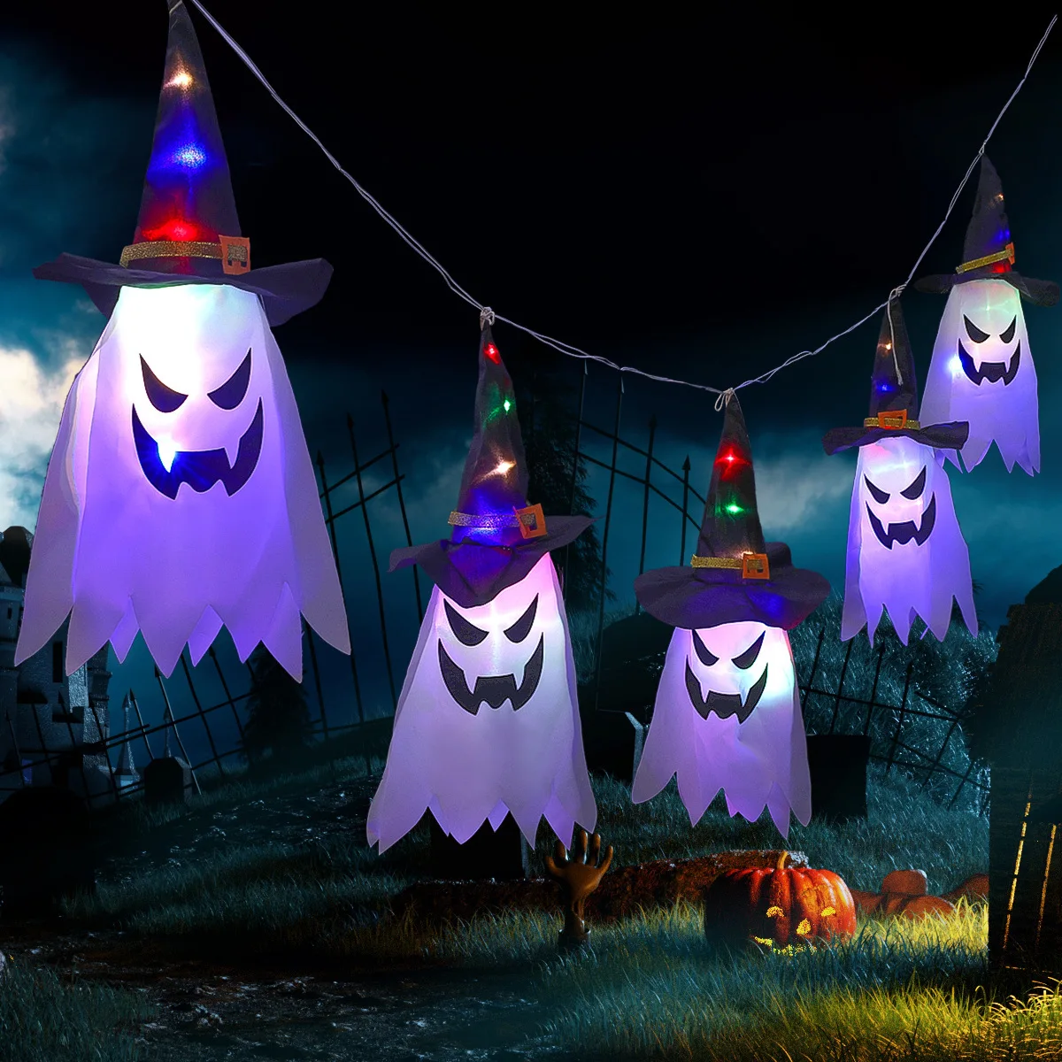 Halloween Fabric Outdoor Windsocks Hanging Ghost Lantern String Light for Garden