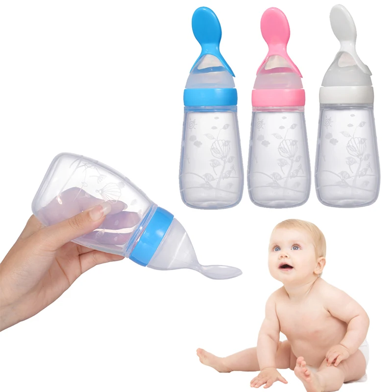 Amazon hot sale silicone baby food dispensing spoon baby feeding bottle with baby