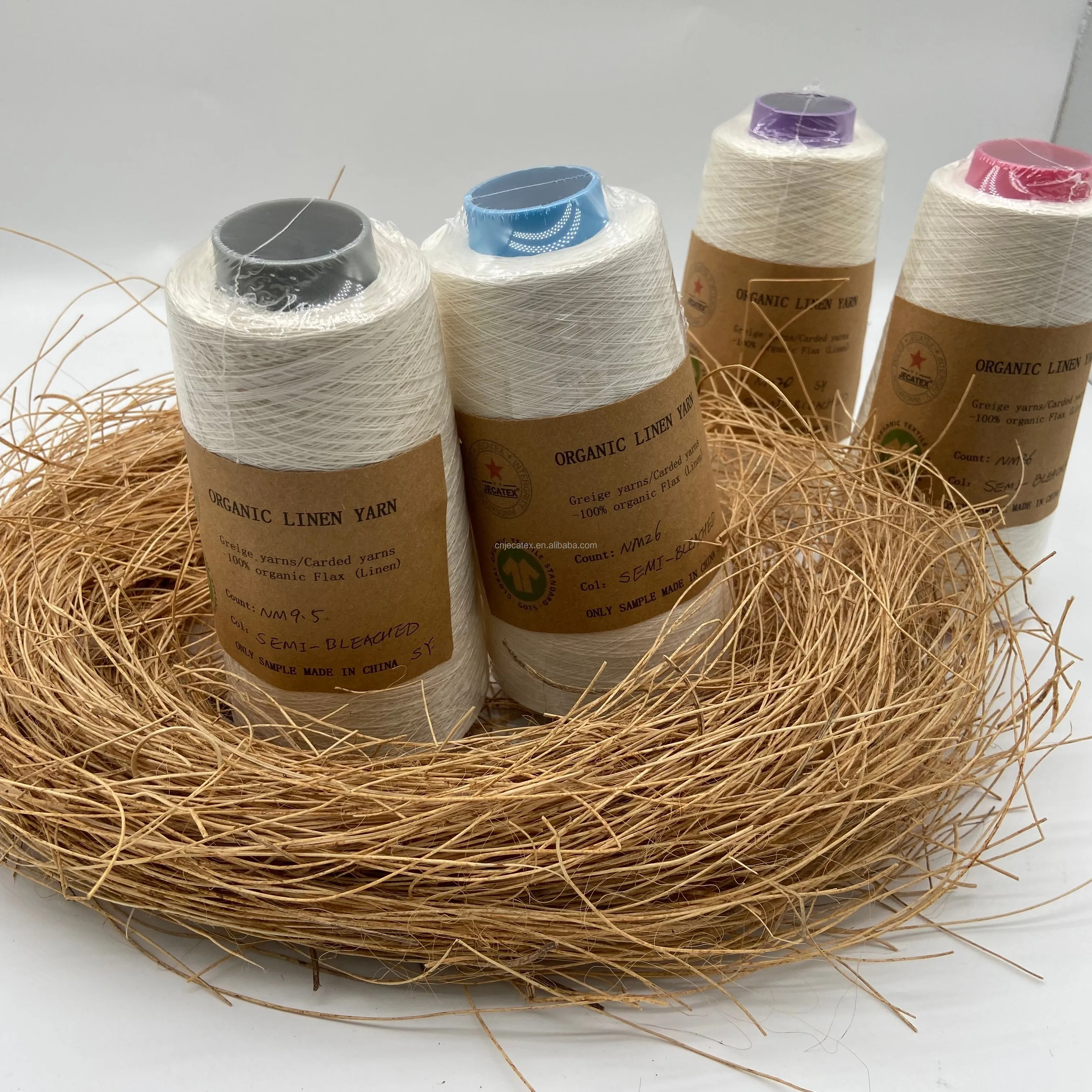 JECATEX NM4.5/2.6S 100% ORGANIC SEMI-BLEACHED OPEN END LINEN YARN LOW COUNT  FRENCH LINEN, WHOLESALE  GOTS CERTIFIED,SUSTANIBLE