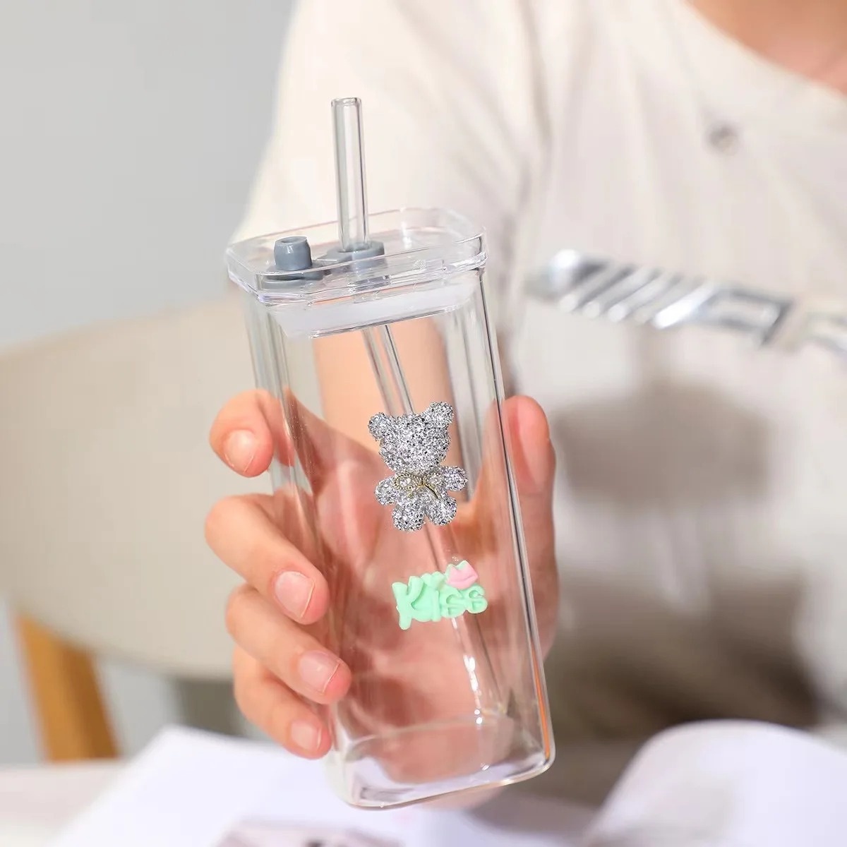 350ml High Beauty high borosilicate square glass cup with lid and straw