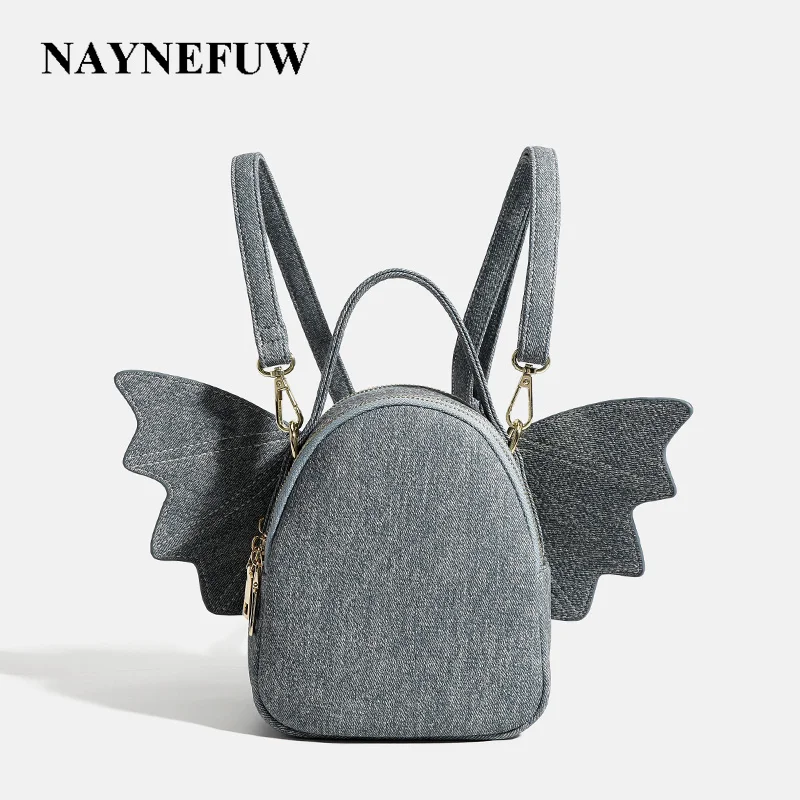 NAYNEFUW 2024 Designer Fashion Women PU Leather Ladies Denim Angel Wings Butterfly Backpack Handbag Shoulder Bags (1203)