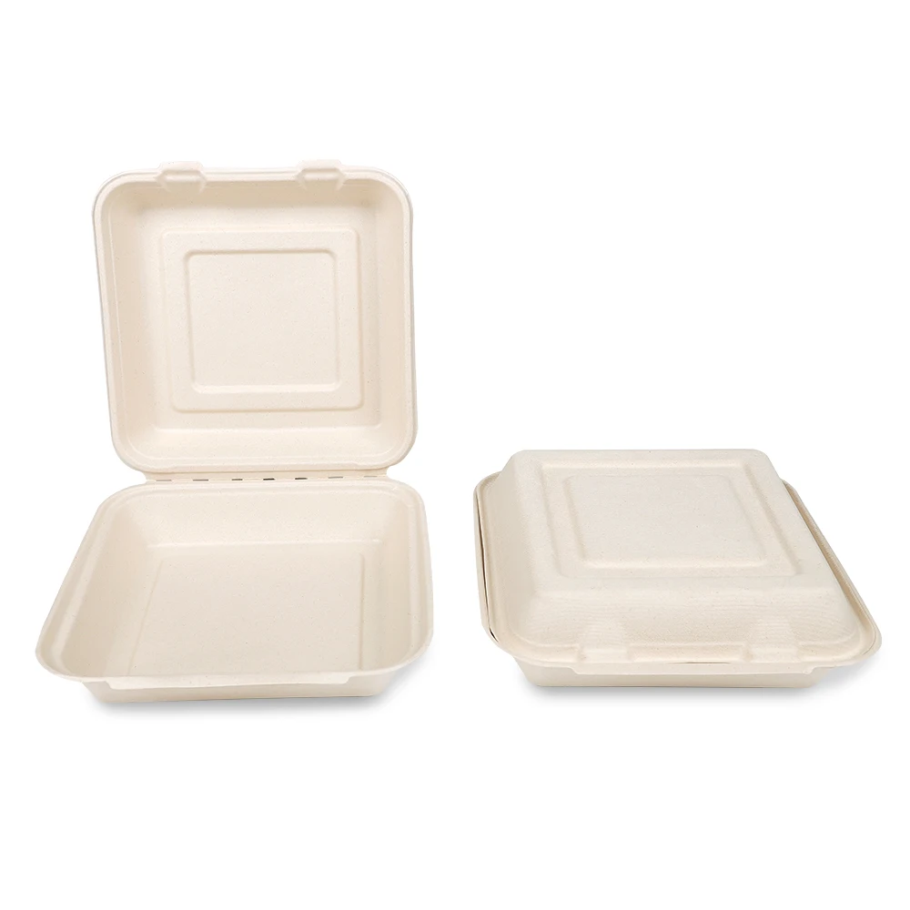 Custom logo restaurant takeaway microwave safe food grade 2 compartment bento box Bagasse Clamshell
