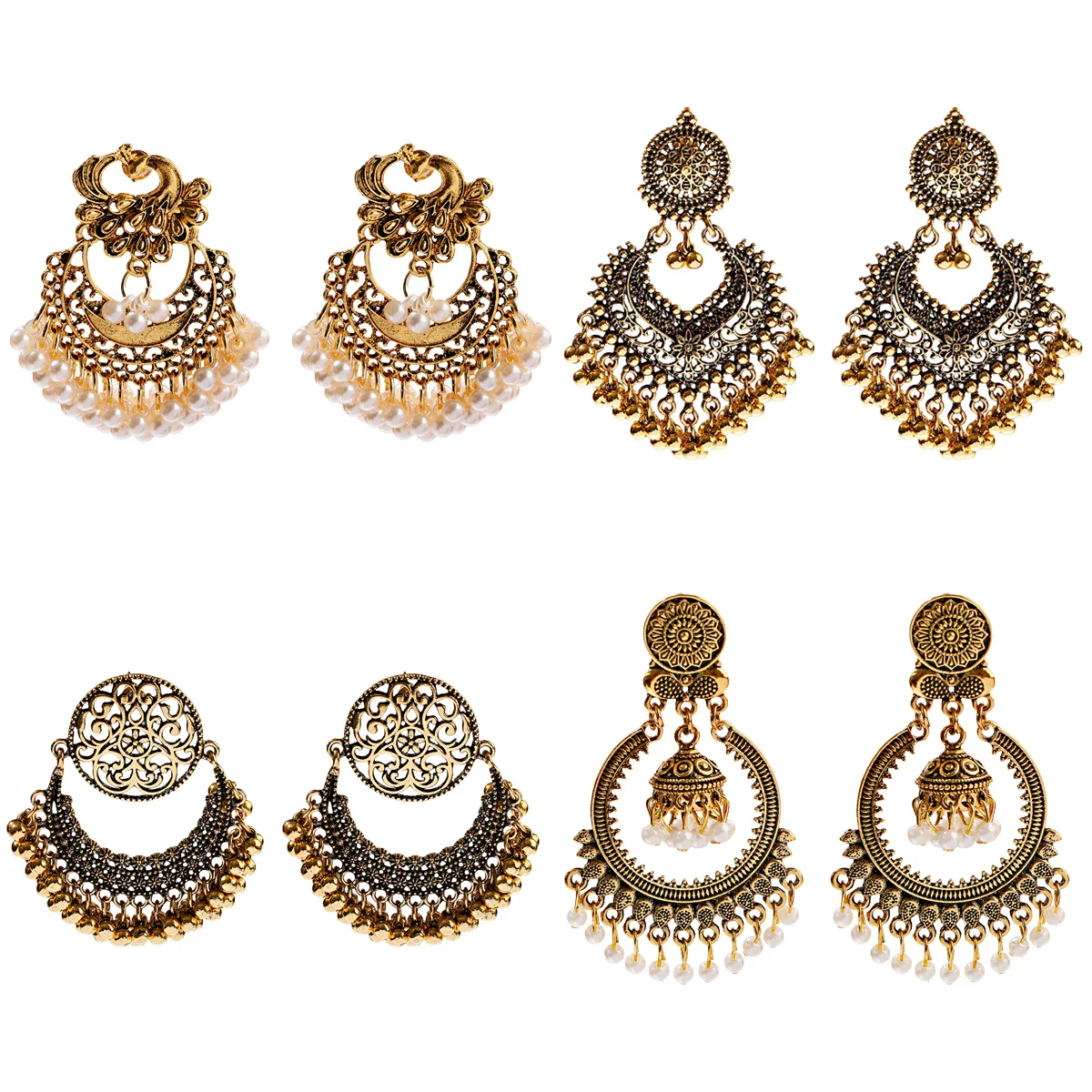 Dove Hollow Carved Earrings Flower Pattern Crystal Round Bead Tassel Bohemian Vintage Jhumka Earrings