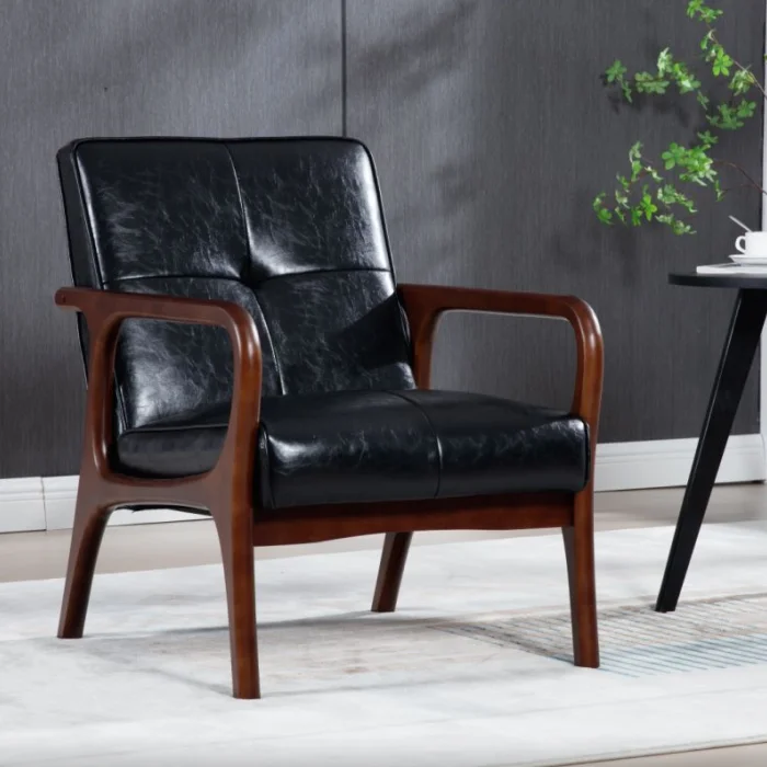 Fabricntury Japandi Accent Armchair, Metale Reading Armchair PU Leather Lounge Chair Arms Home Furniture with Walnut Wooden