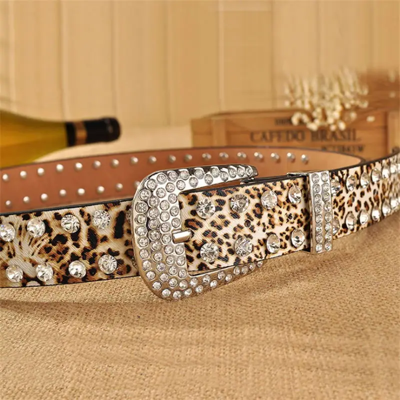 customizable Women Girls Leopard Waistband Alloy PU Leather Waist Belts Rhinestone Leopard Buckle Belt