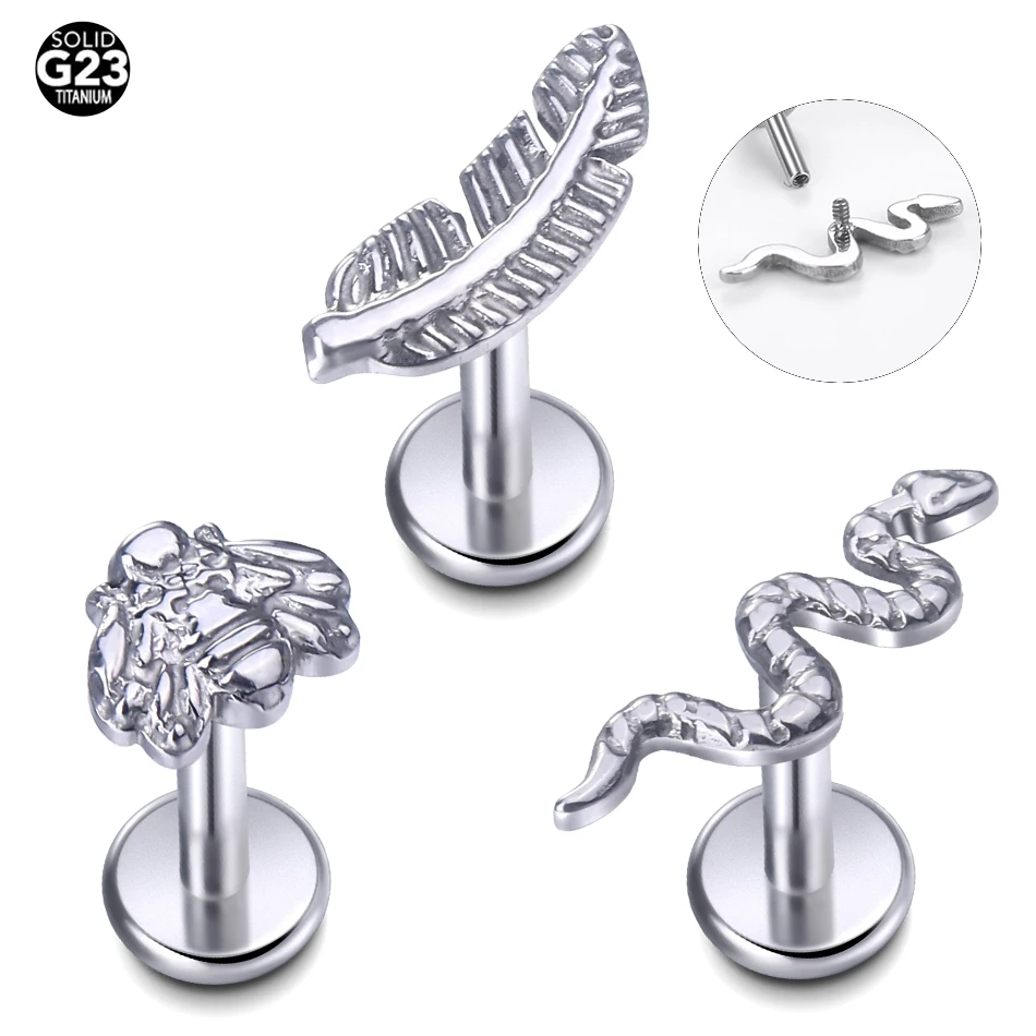 Snake Feather Bee Implant Grade Titanium Internal Threaded Piercing Labret Studs Lip Piercing Jewelry For Cartilage Ear Lip