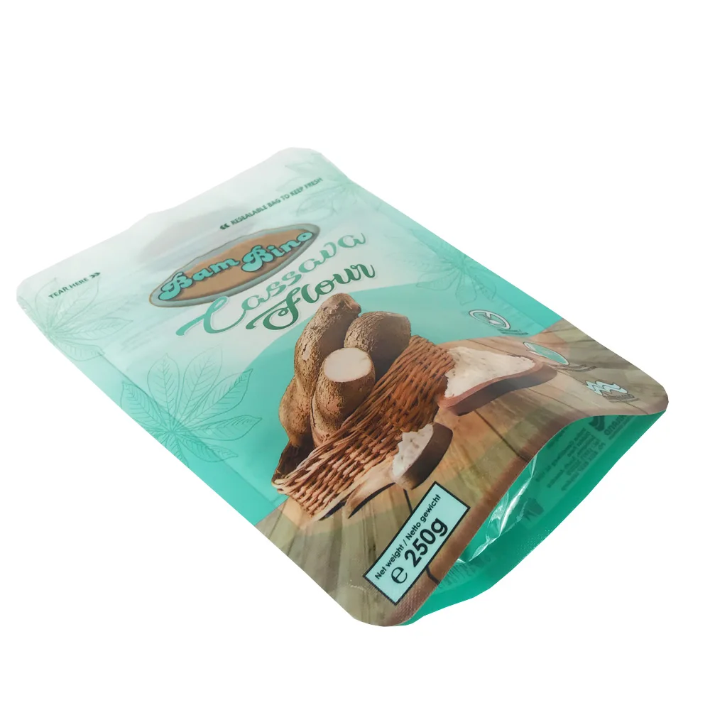 250g 500g Food grade laminated plastic glossy print stand up custom packaging ziplock bag for cassava flour
