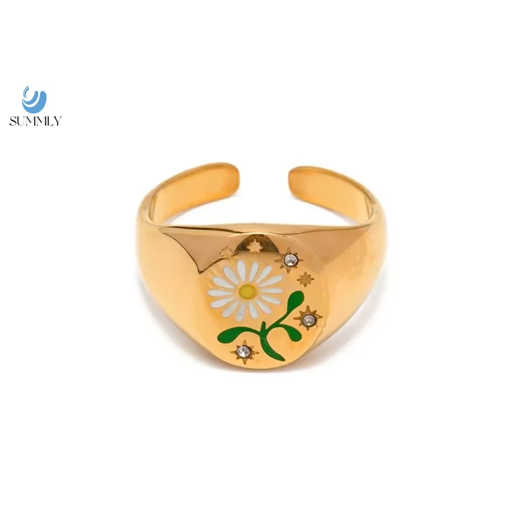 SUMMLY 18K Gold Plated Flower Star Zircon Inlaid Opening Ring Enamel Colorfully Oil Drop Jewelry Amulet Ring Set