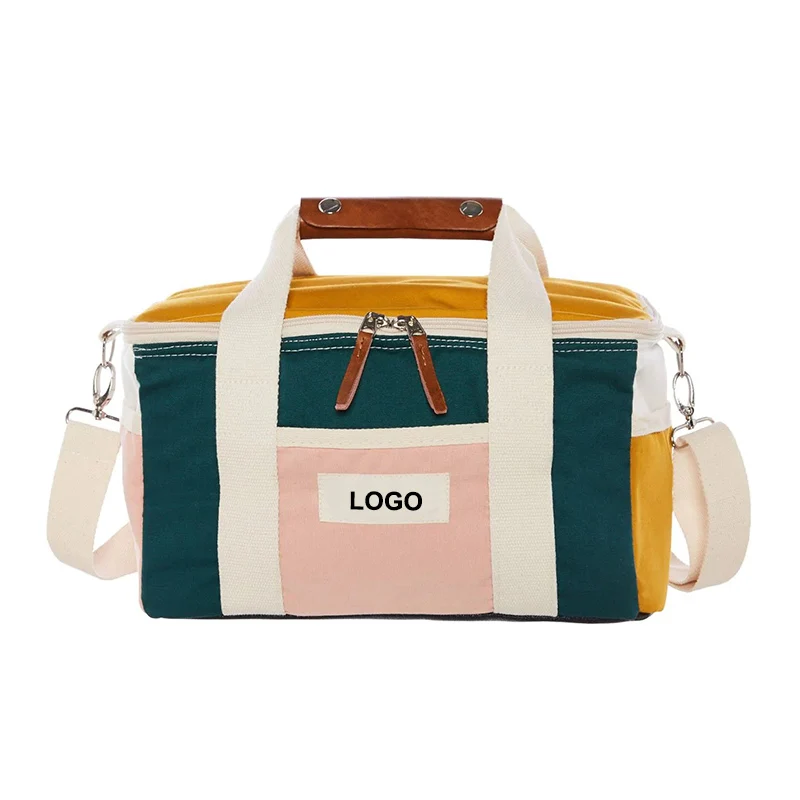 BR Customize Logo Vintage Premium Canvas Collapsible Picnic Travel Beach Cooler Bag, Recycled Insulated Wine Food Beer Cooler