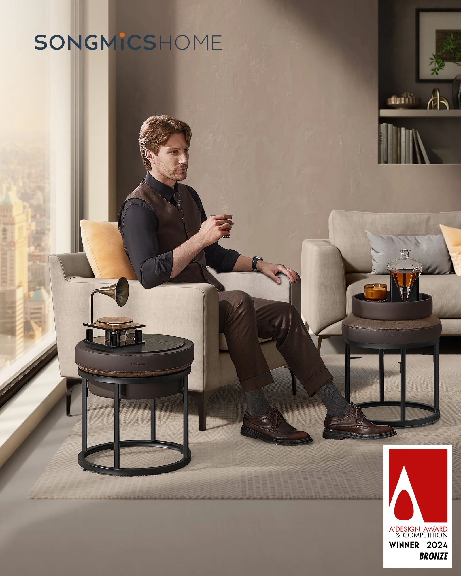 SONGMICS HOME Footstool Round Ottoman Vanity Chair Stool Footrest with Reversible Top KD  round side end table Coffee Table