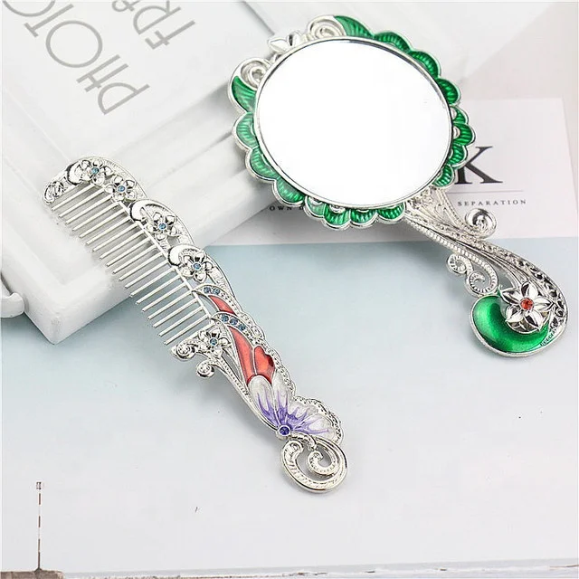 Частная марка, роскошное бронзовое покрытие, винтажное ручное зеркало с павлином и набором гребней