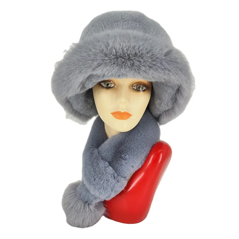 New Style Faux Fur Hat And Scarf Suit Adult Women Winter Warm Fake Rex Rabbit Fur Hat Fox Fur Ball Scarf Two-Piece Set