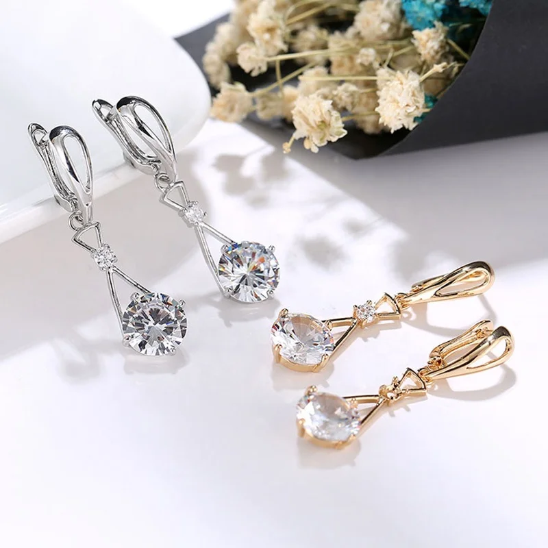 
Women Party Wedding Long Clip On Earring Round White Zircon CZ Stone Drop Dangle Earrings 