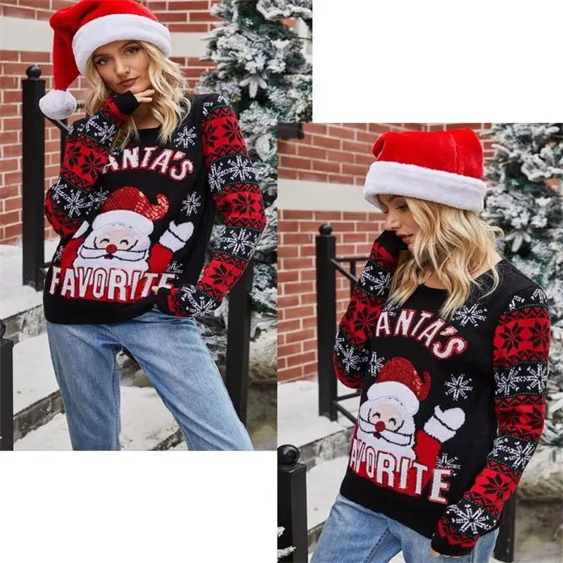 Hot sell popular acrylic round o-neck carton jacquard knit sweater for christmas