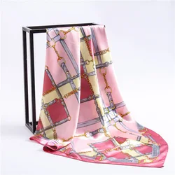 Yucat 90X90cm Wholesale Fashion Women Hair bands Custom Plaid Chain Square Satin Silk Scarf For Girls