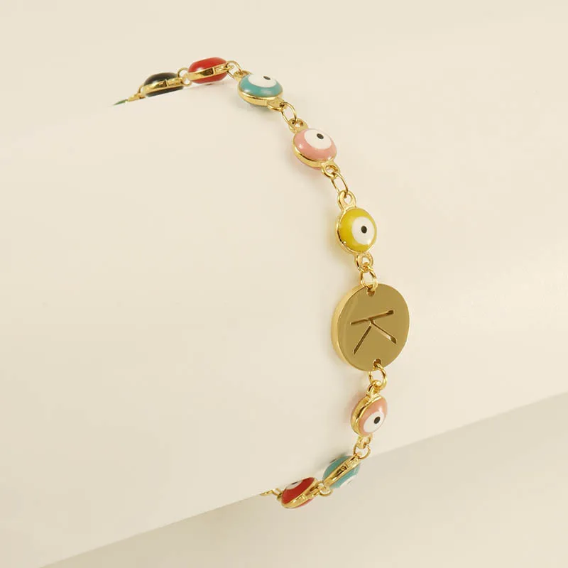 Hot Sale Custom High Quality 18K Gold Plated Stainless Steel A-Z Letter Turkey evil eyes Bracelet Cute Eyes Bracelet