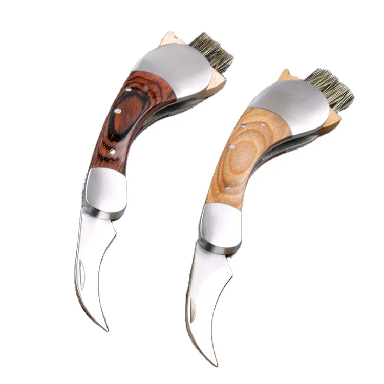 WELLFLYER BO-384 S2 Stainless steel mushroom knife pocket knife picnic knife camping tools with wooden handle and brush
