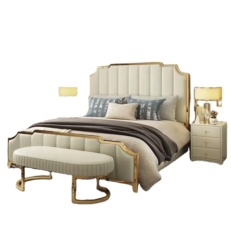 
2021 new arrival home furniture Bedroom Set leather cover and folding crate&barrel double king size bed with bed bench stool 