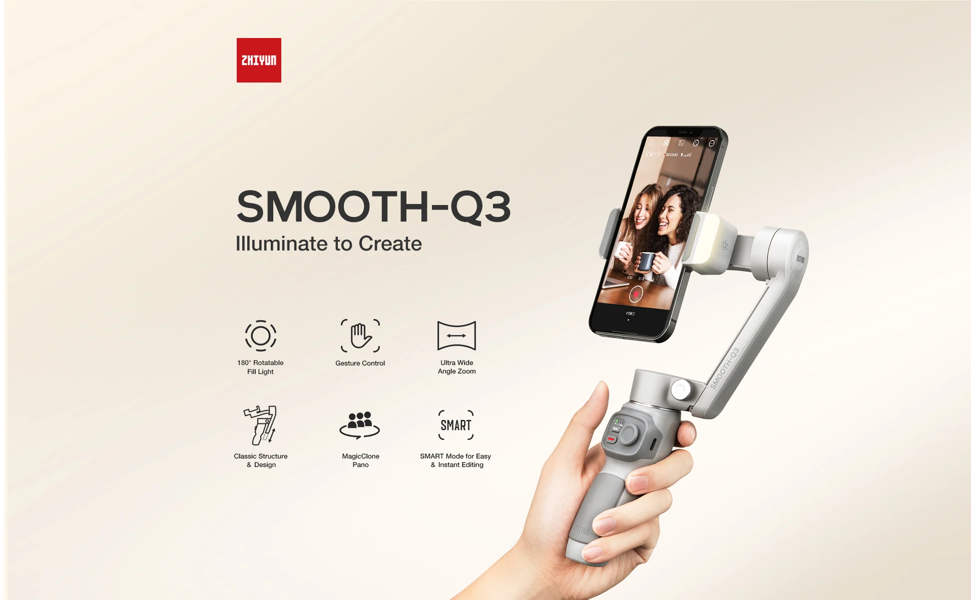  ZHIYUN Q3 карданный 3-осевой селфи-Палка с портативный монопод шарнирным замком Smooth мобильный шарнирный стабилизатор для камеры GoPro выравнивающим светом