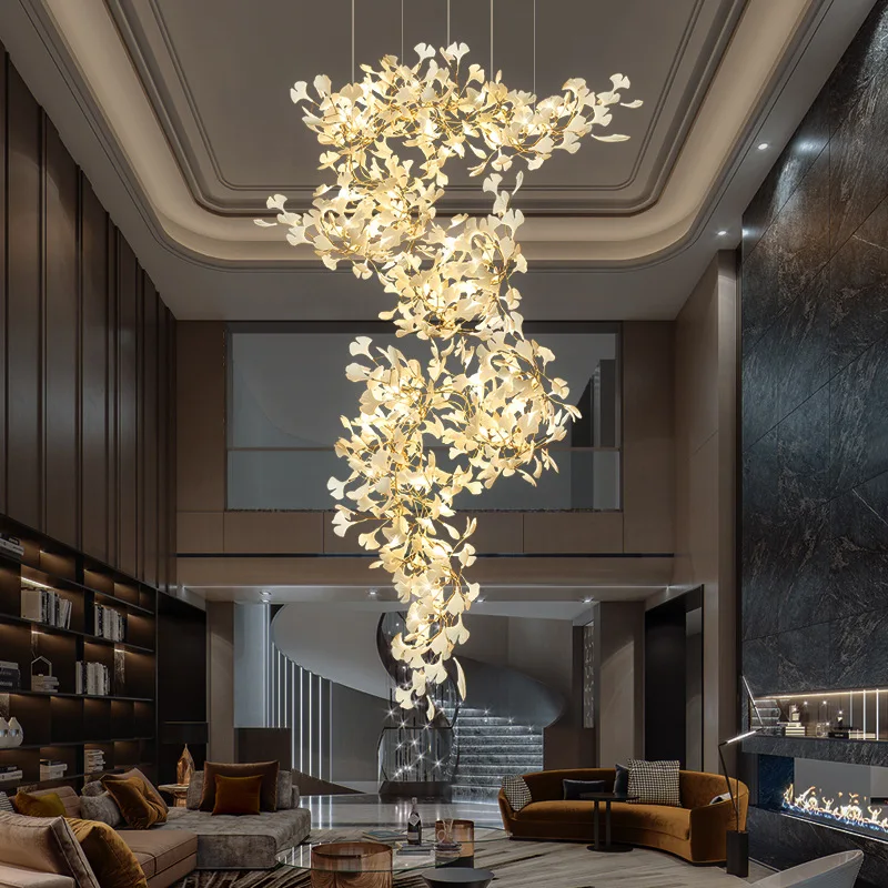 Ceramic ginkgo gold modern rstaircase light chandelier hotel living room pendant lights luxury ceiling lights led chandeliers