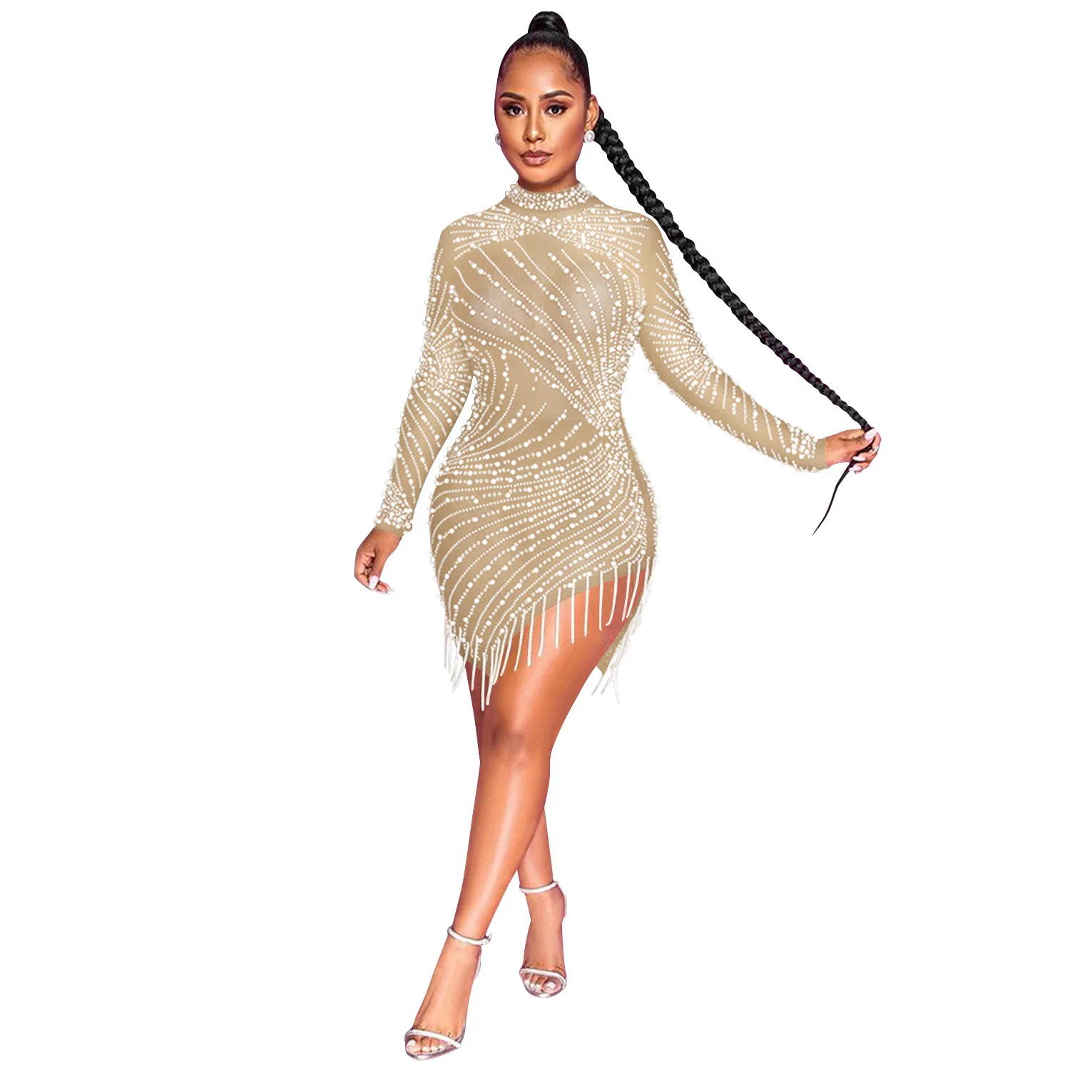 New Sexy Nightclub Net Yarn Perspective Hot Rhinestone Bubble Beads Fringe Round Neck Long Sleeve Dress