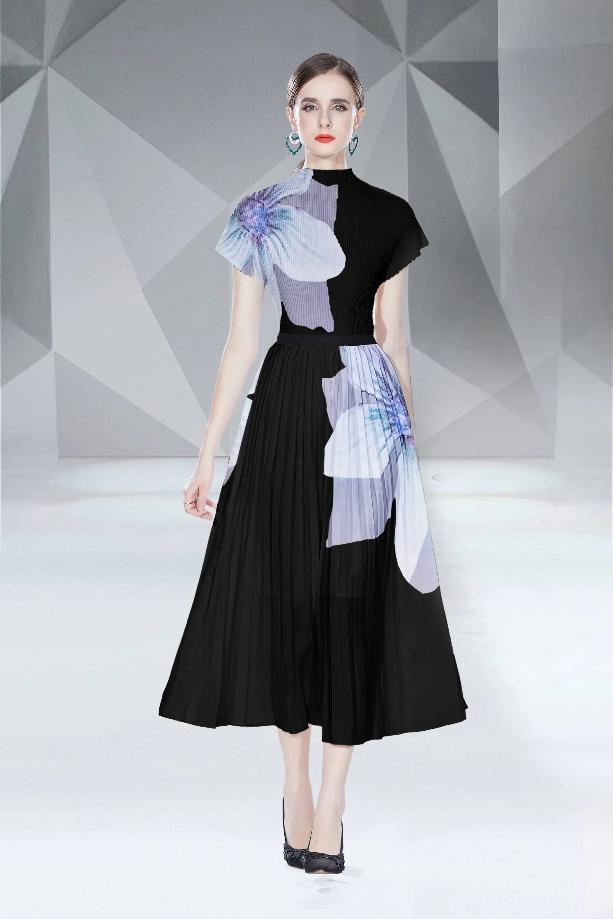 Clothing Customization New Fashion Printing Temperament 100 Pleated Waist Fold Dress Chinese Manufacturer