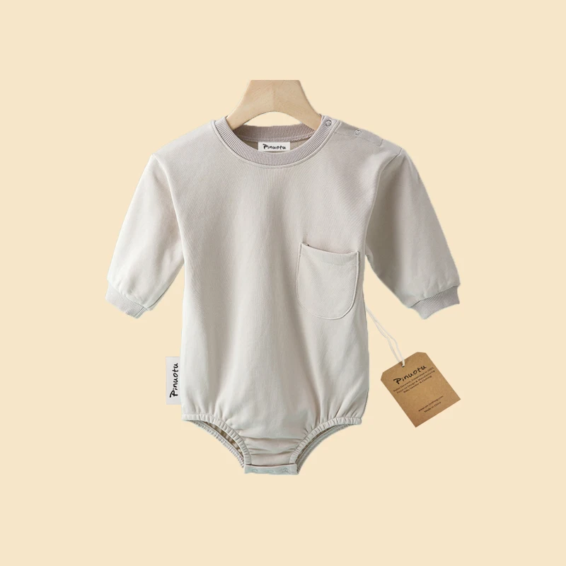 Pinuotu New Born Solid Bodysuit Cute Baby Wear Pocket Beige Infants Bubble Romper Cotton Plain Long Sleeves Onesies Layette