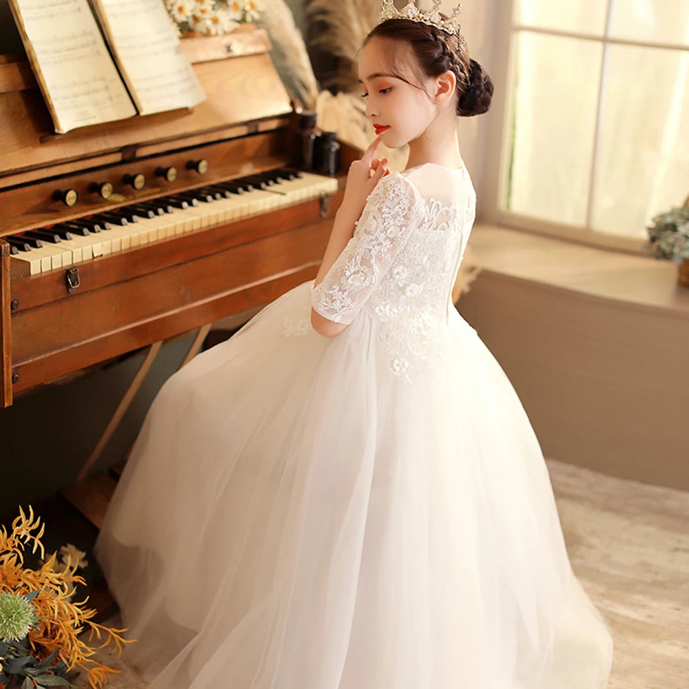 White Flower Girls Dresses With Ribbon Tulle Girls Party Dresses For Wedding