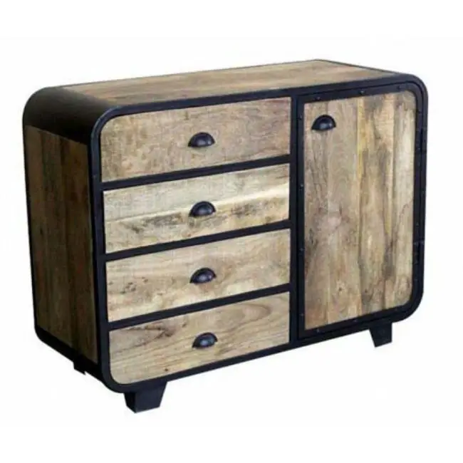 Industrial & vintage Living Room Furniture Iron Metal & Old Mango wood 4 drawers 1 Door living room Cabinet