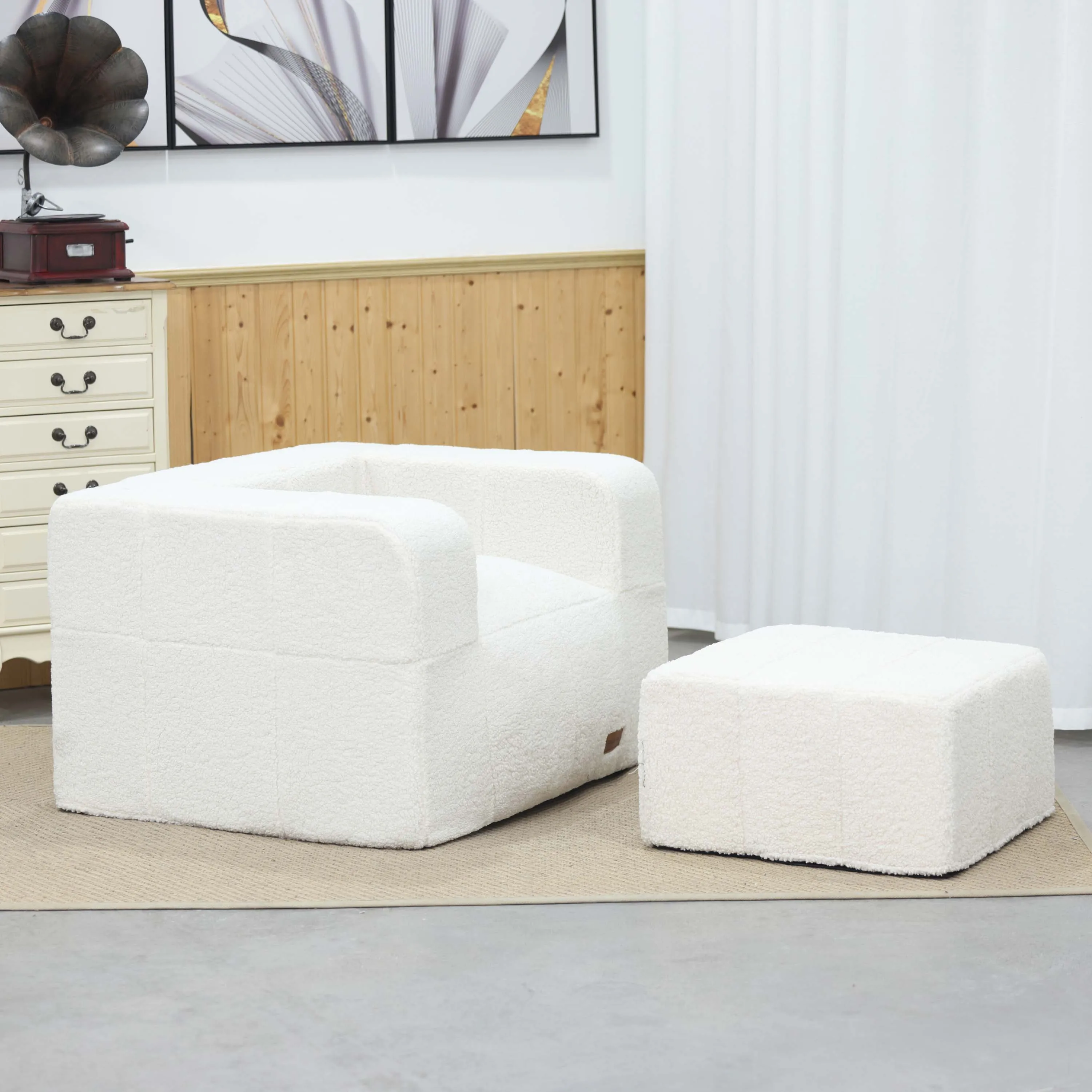 OEM Modern White Sherpa Indoor Sofa High Quality Compressible Density Foam Bean Bag Sofa Chairs with Ottoman