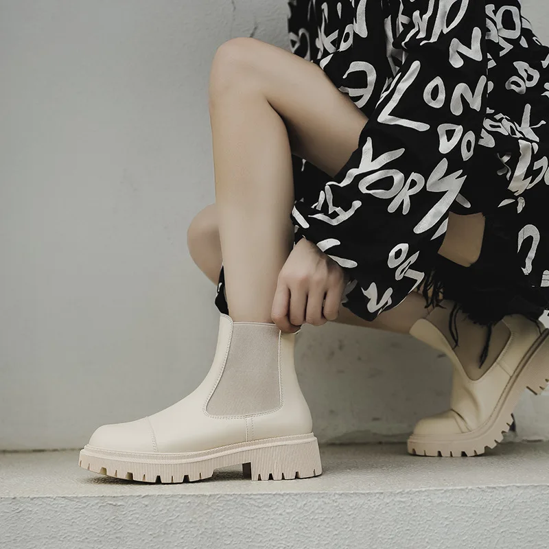 Ankle women boots Platform Women Cow Leather Boots Round Toe Elastic Band Thick Sole Ladies Shoes