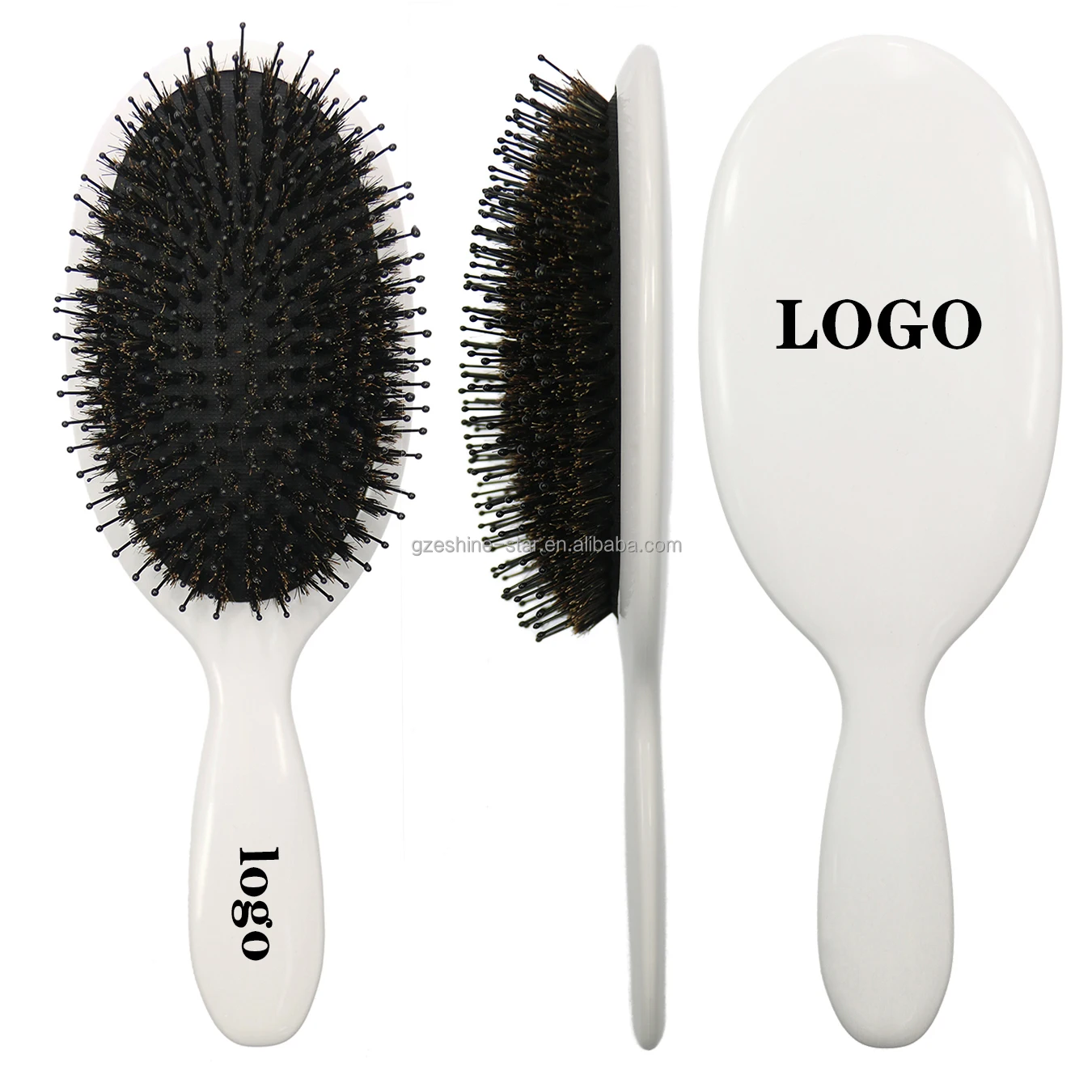 White Body Oval Nylon Mix Boar Bristle Massage Hair Scalp Detangling Hair Brush Black Rubber Air Cushion Paddle Brush