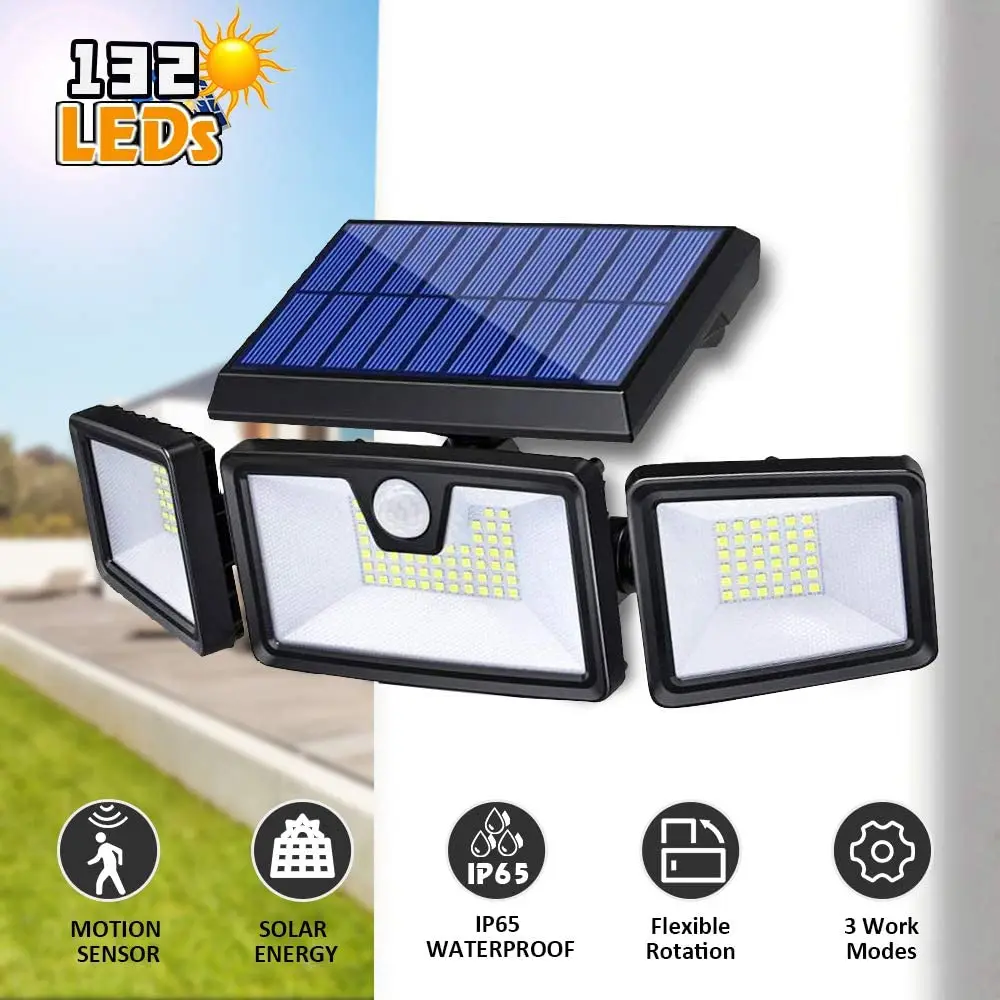 
Solar Lights Outdoor, 132 LED 800LM Wireless LED Solar Motion Sensor Lights Outdoor, 3 Adjustable Heads 