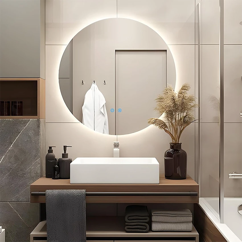 Modern round frameless LED smart touch switch unbreakable adhesive full length body large wall salon gym dressing decor mirror