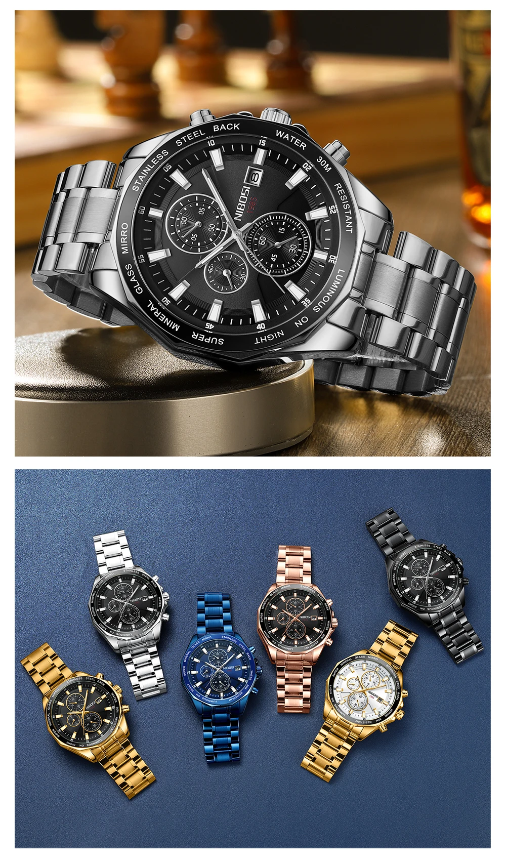 NIBOSI 2599 branded personalised man quartz watch cool Steel Strap water resistant chronometer advertising business reloj watch