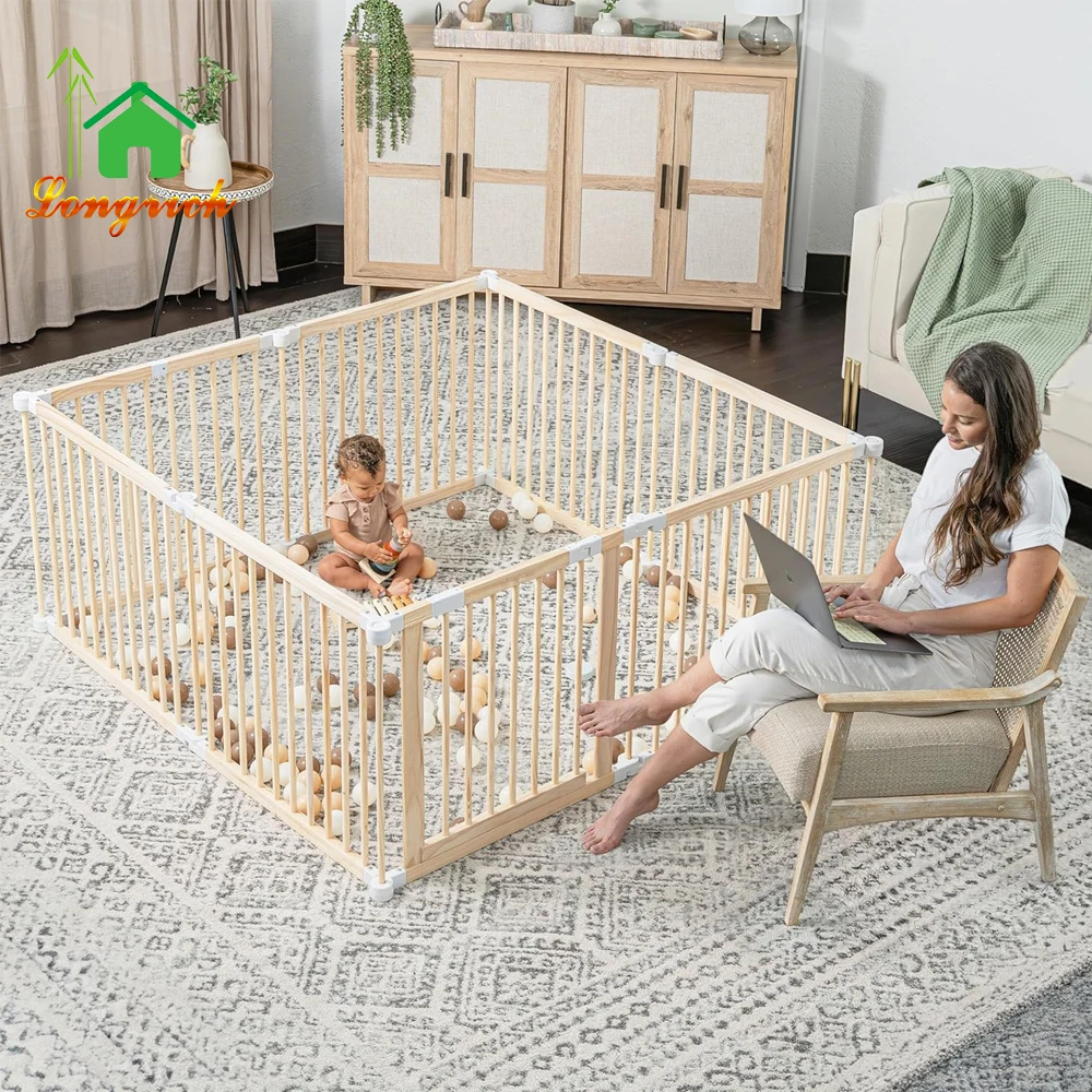 Wooden Baby Playpen & Baby Gate for Toddler and Babies Foldable Wooden Adjustable Playard Play Fence with Locking Gate