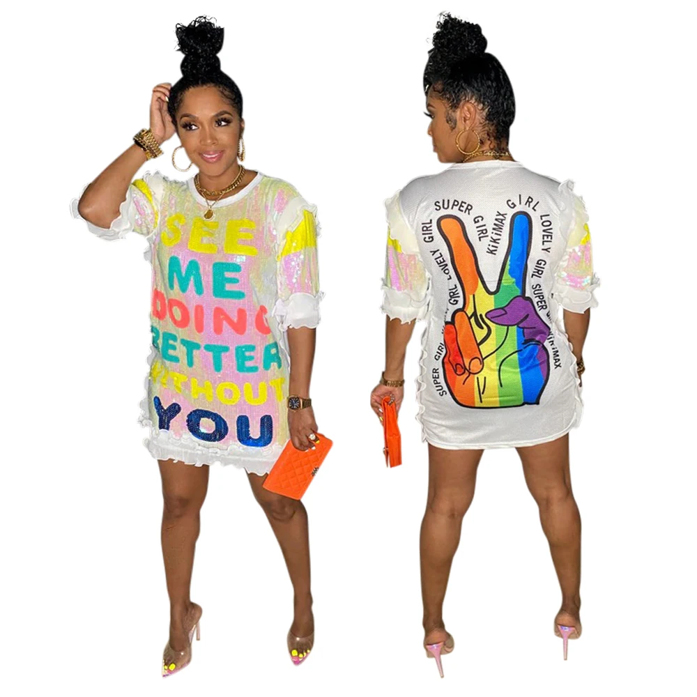 CY9872 Factory  Manufacturer Oversize Summer Letter Graphic T Shirt Dress Printed Sequin Women Casual Dresses