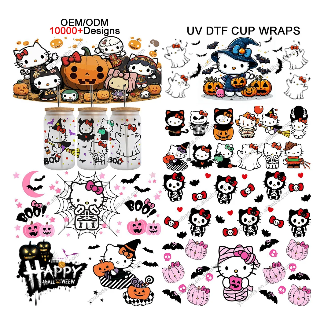 Ready To Ship halloween hello KT cat cartoon custom double sided Cup Transfer Decals For 16Oz Glass Can 3D Uvdtf Wraps Stickers
