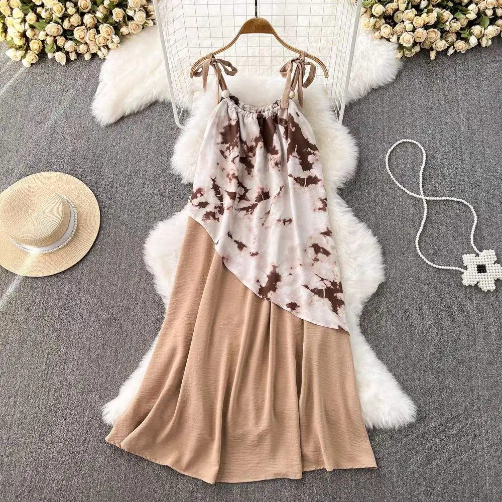 Wholesale summer ink painting printed loose sleeveless A-line fashionable design suspender dress for women