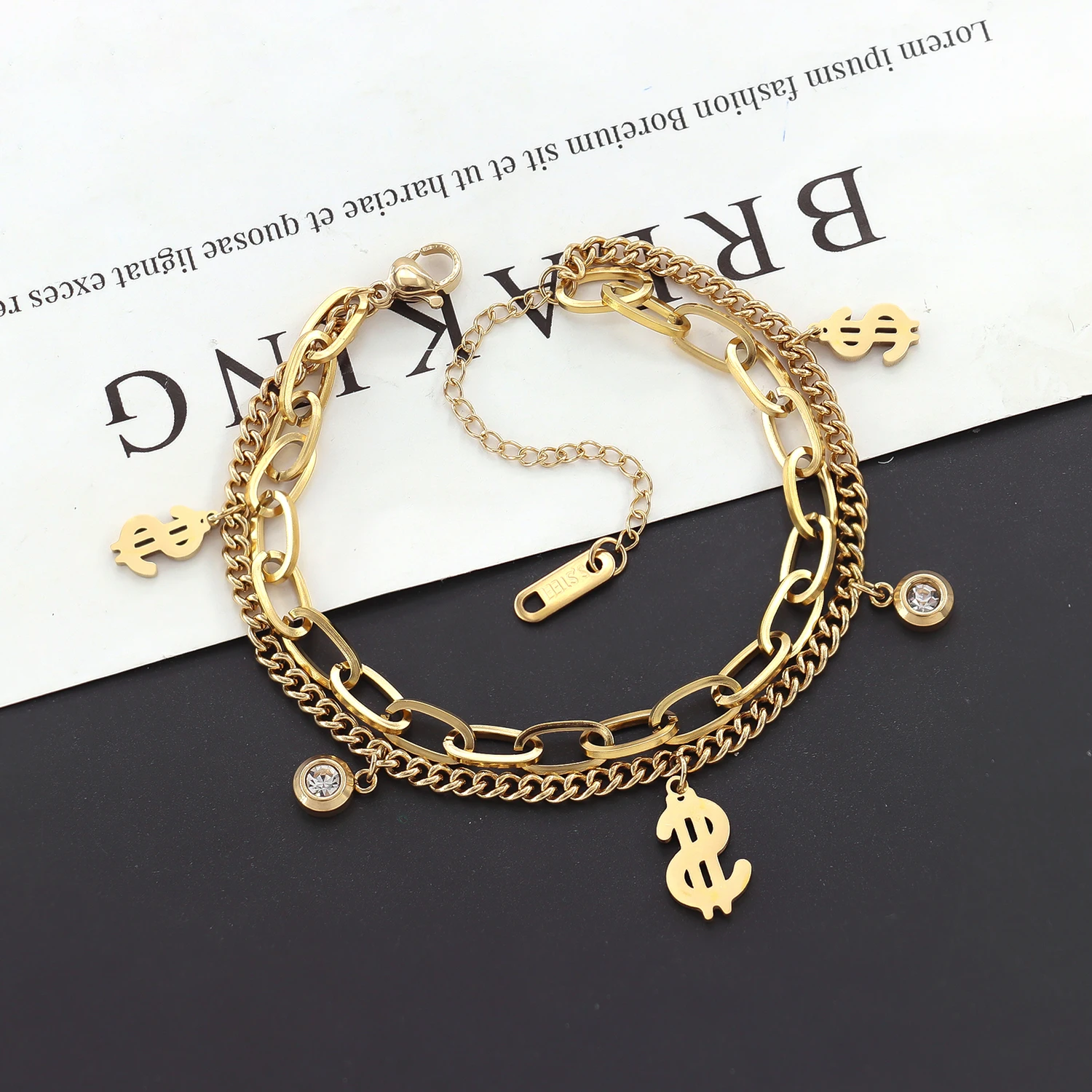 New Trendy Unisex Jewelry 18K Gold Plated Stainless Steel Double Layered Infinity Symbol Diamond Pirate Anchor Coin Bracelet