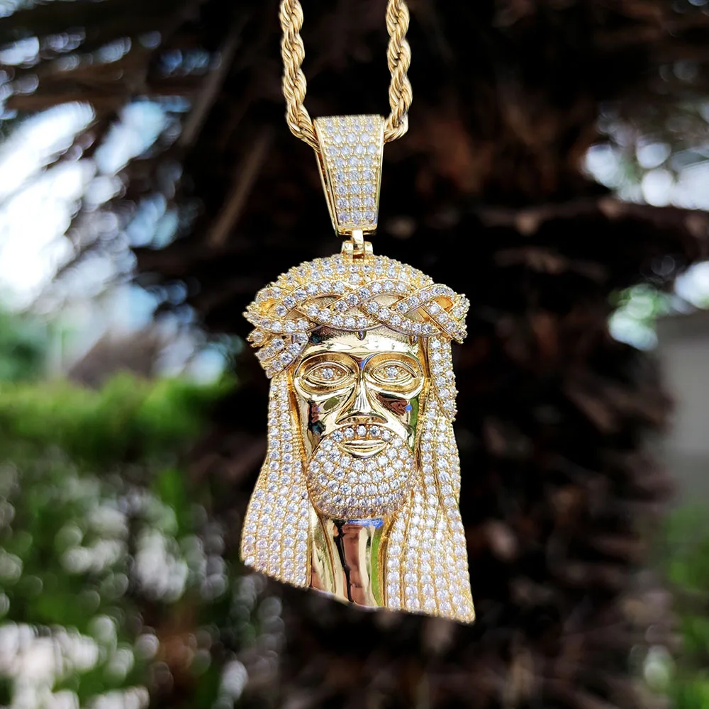 Classic Mens Hip Hop Gold Iced Out Lab Diamond Custom Piece XL Charm Jesus Pendant Necklace