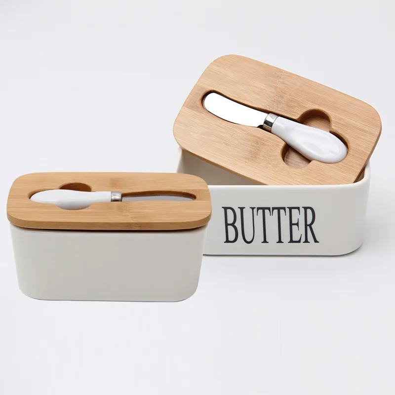 96-9  Holder Large Butter Dish Butter  Porcelain Container Keeper Storage Wooden Lid And Steel Knife Cheese Dish