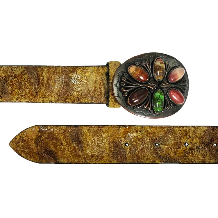 Western Retro Cracked Leather Belt With Vintage Metal Gemstone Buckle