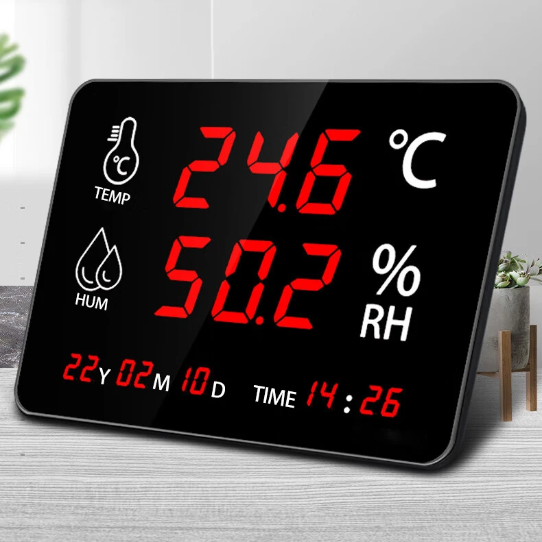 14 inch LED Display Humidity Temperature Meter Wall Mounted Thermometer With Clock External Probe