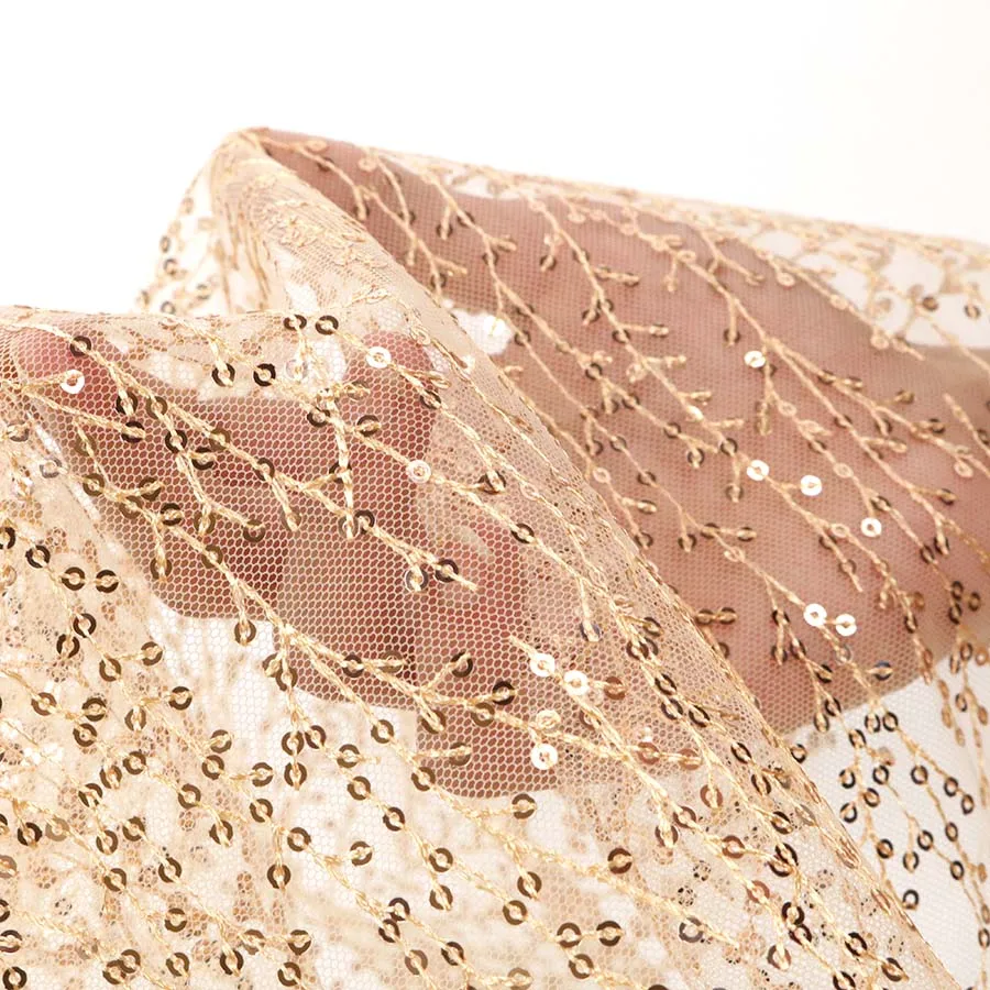Beautiful Golden Polyester Yarn Mesh Gournd 3mm Spangle Sequins Fabric for Summer Dress Woman