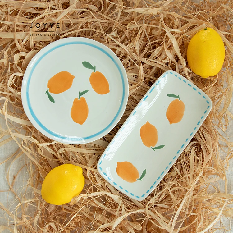 Joyye custom handpainted lemon fruit pattern round and square dinnerware plates set under glazed ceramic tableware dinner plates