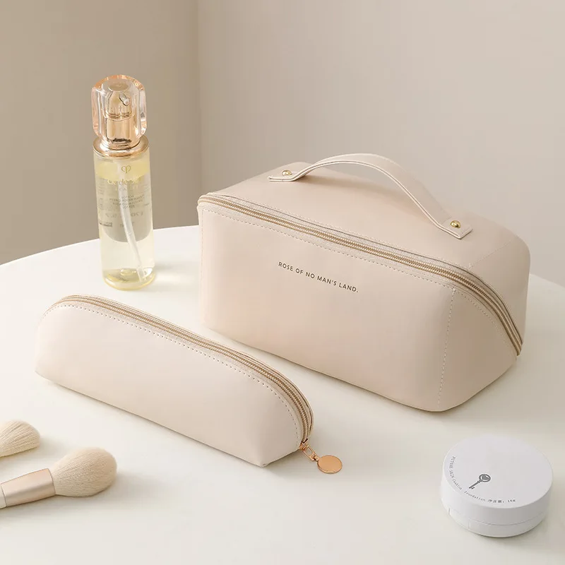 ready to ship With Handle large capacity make up bage leather travel toiletry cosmetic bag