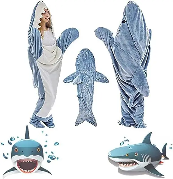 2023 New Arrived Personalized Custom Soft Cozy Plush Fleece Hoodie Animal Cartoon Sharks Wearable Blanket For Adult Kids