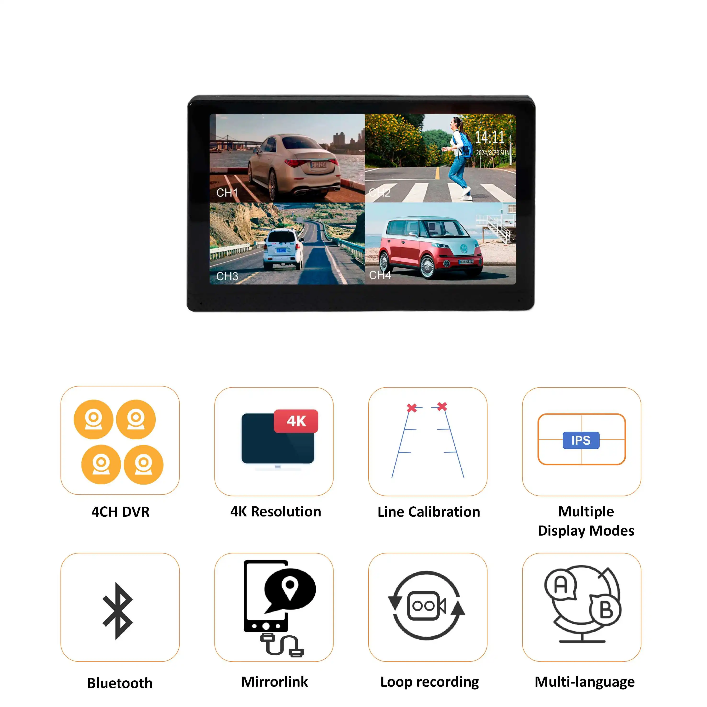 4 channels Bus touch screen monitor IPS truck  DVR Monitor Mirror-link Car Backup  rear view camera